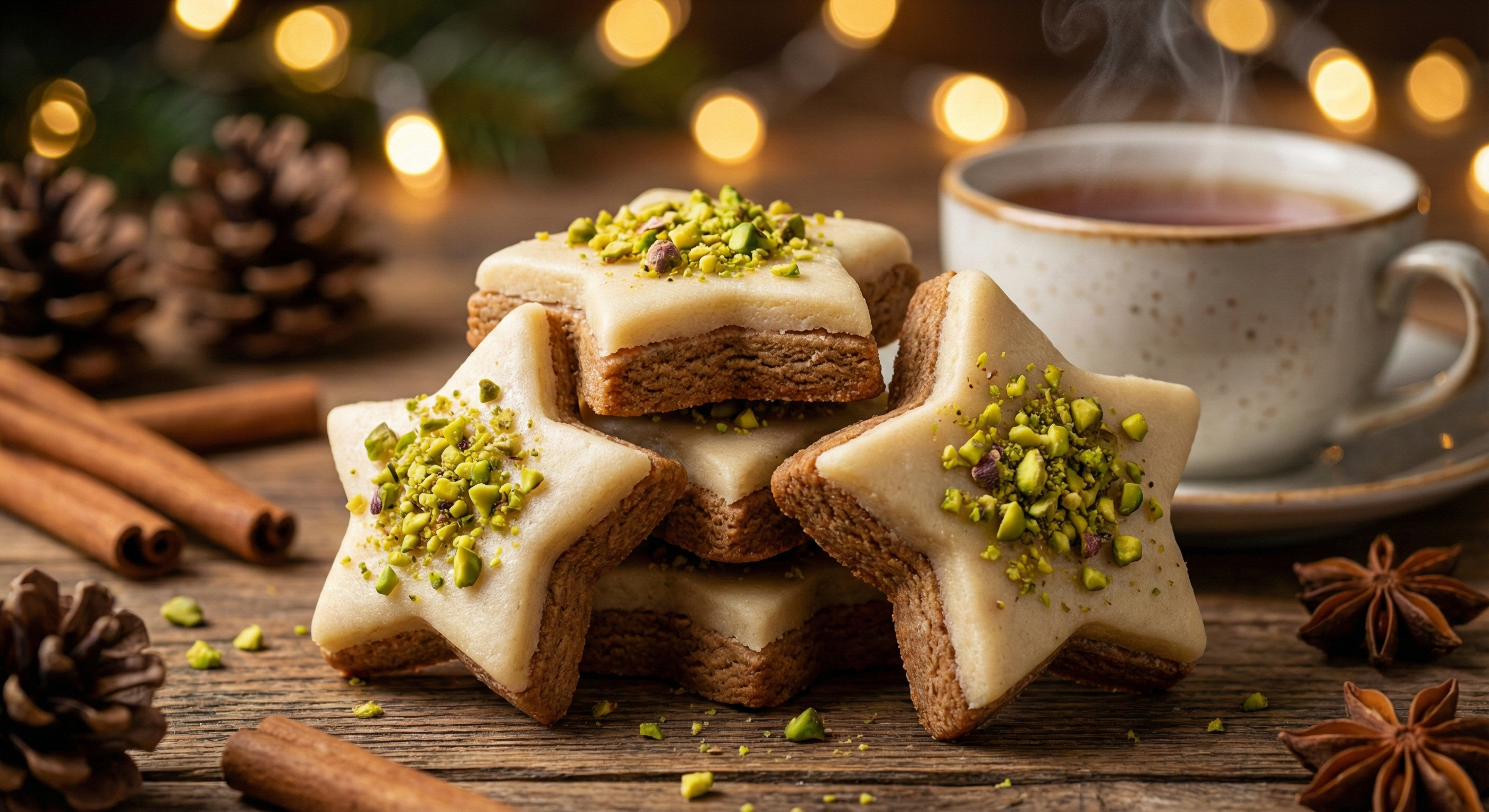 Ahşap masada üst üste dizilmiş, arası yoğun badem ezmesi (marzipan) dolgulu ve üzeri parlak yeşil Antep fıstığı parçacıklarıyla süslenmiş geleneksel Alman yıldız kurabiyeleri (Zimtsterne). Arka planda sıcak çay ve yılbaşı ışıkları