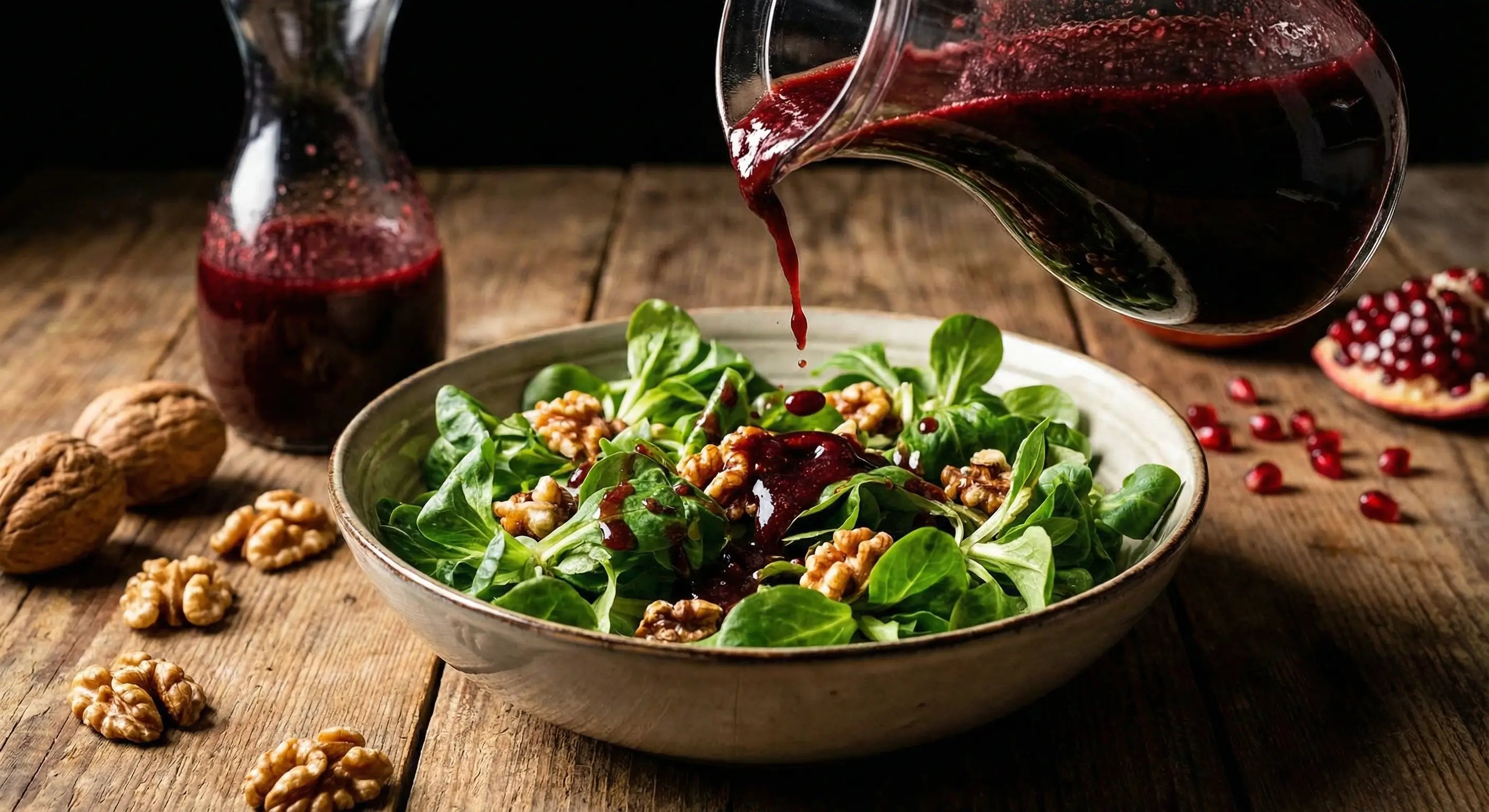 Gemütlicher Raclette-Tisch mit frischem Feldsalat, Walnüssen und Granatapfelkernen als Beilage